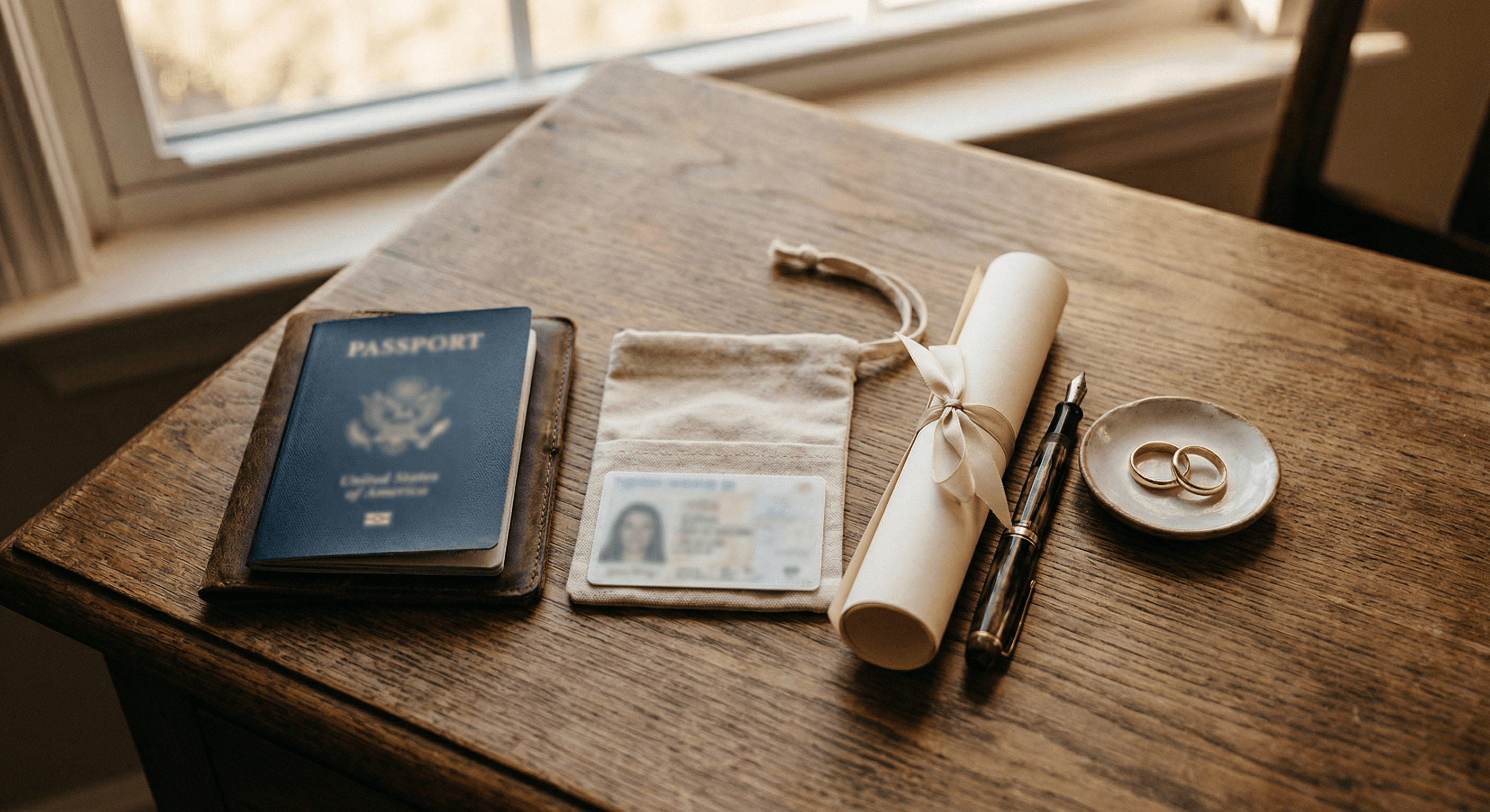 Reisepass, Personalausweis, Ehezeugnis und Eheringe auf einem Holztisch – Unterlagen für die Namensänderung
