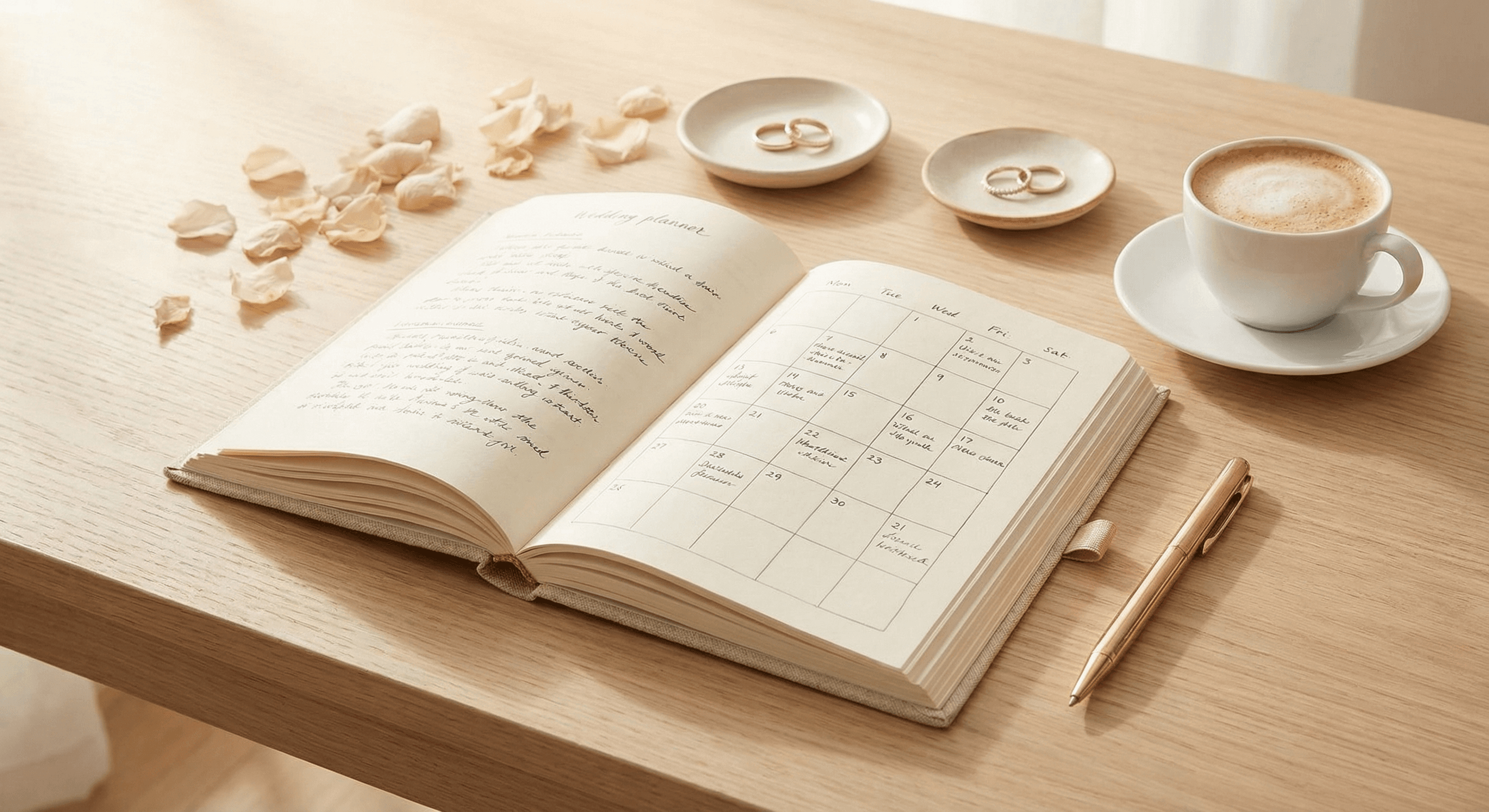 Hochzeits-Planer mit Kalender und Checklisten, Roségold-Stift und Kaffee auf hellem Holztisch