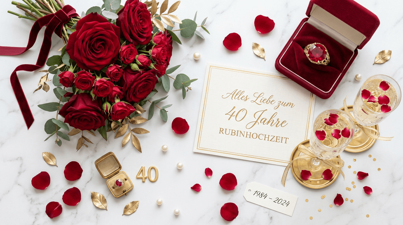 Jubelpaar bei der Rubinhochzeit mit roten Rosen und Rubin-Schmuck, festlich gedeckter Tisch