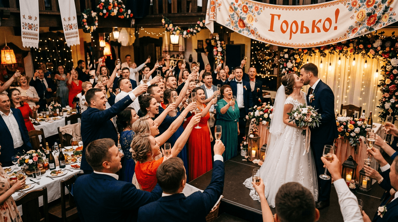 Russische Hochzeit mit festlich gedecktem Tisch, Korovai-Brot und tanzenden Gästen