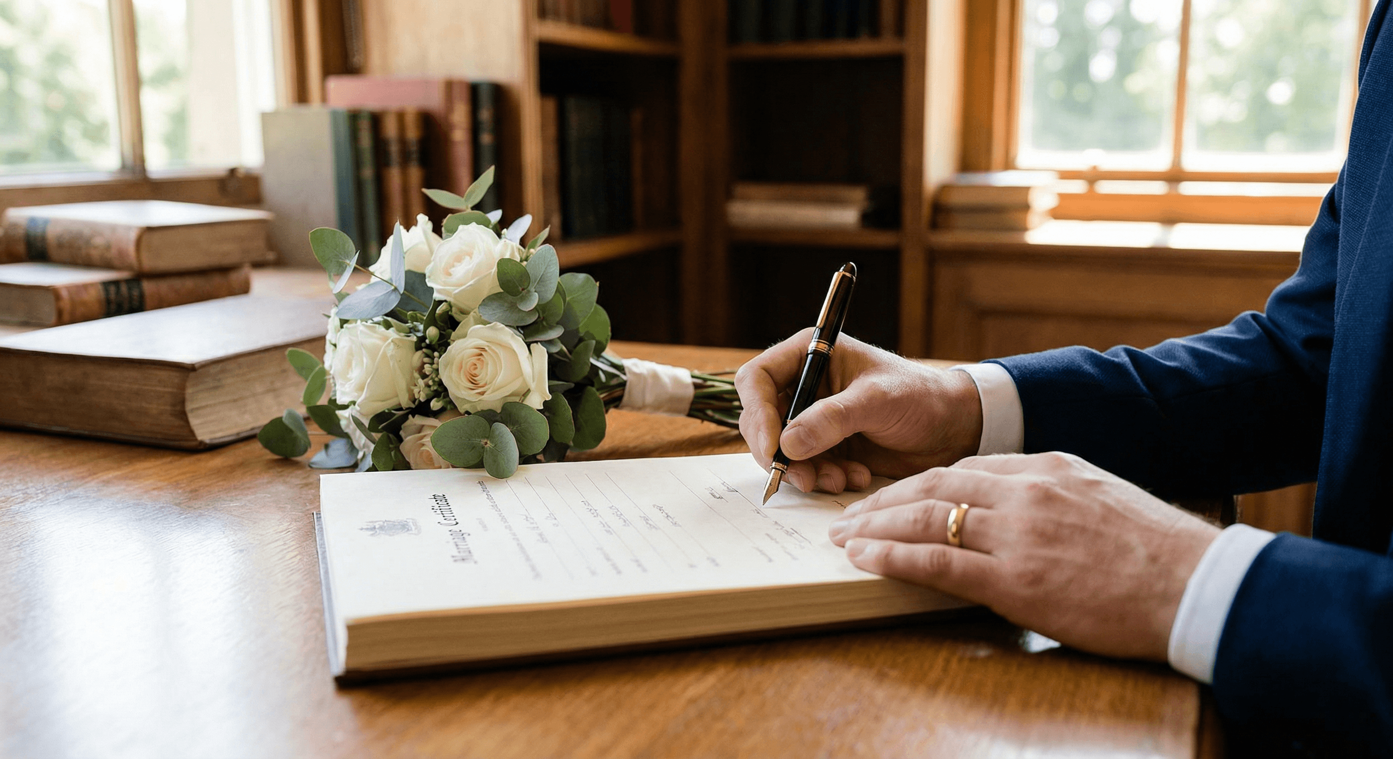 Person unterzeichnet Heiratsurkunde mit Füllfederhalter und Brautstrauß aus weißen Rosen daneben