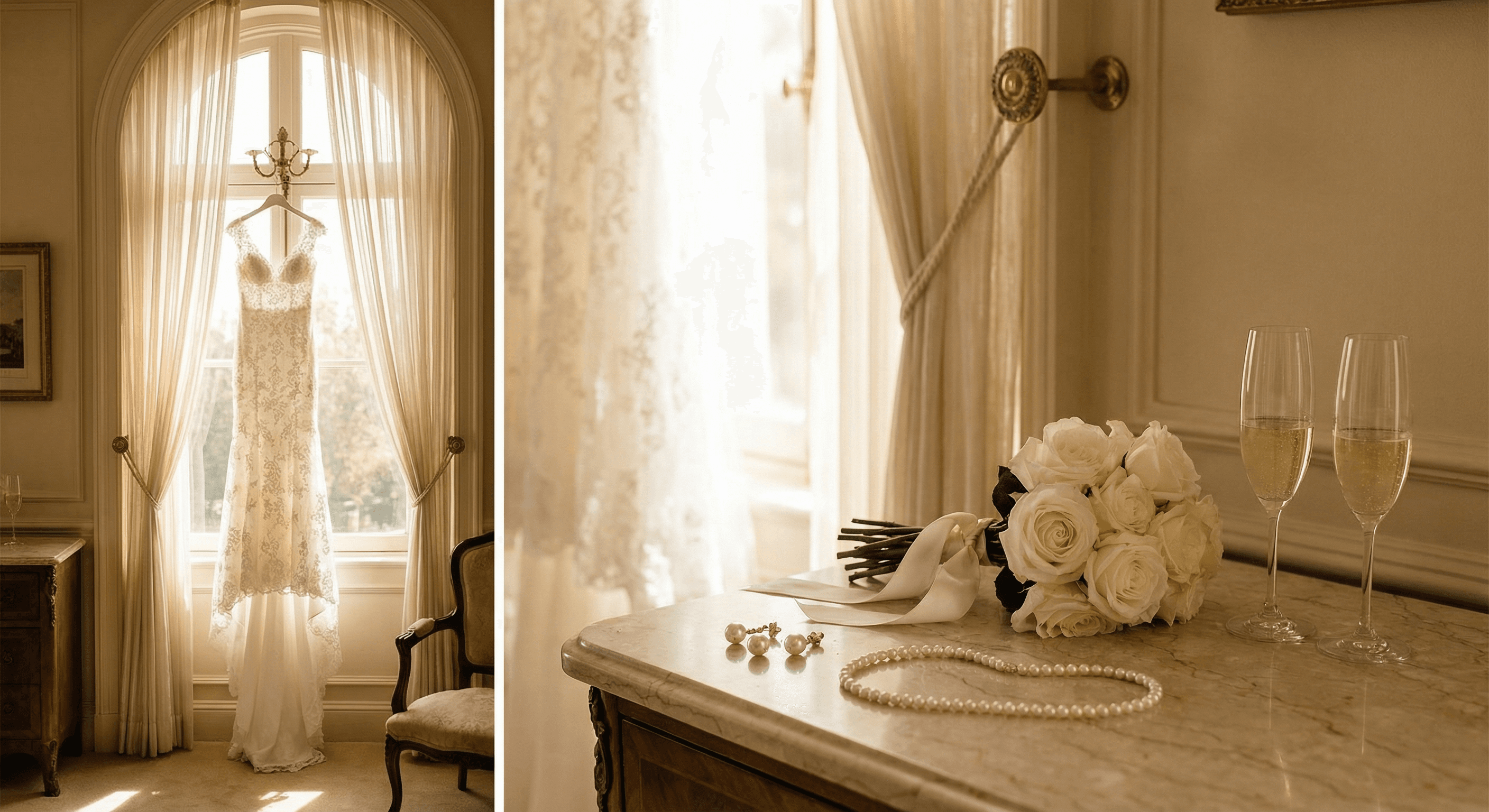 Hochzeitskleid am Fenster mit warmem Morgenlicht, Perlenohrringe und Brautstrauß aus weißen Rosen
