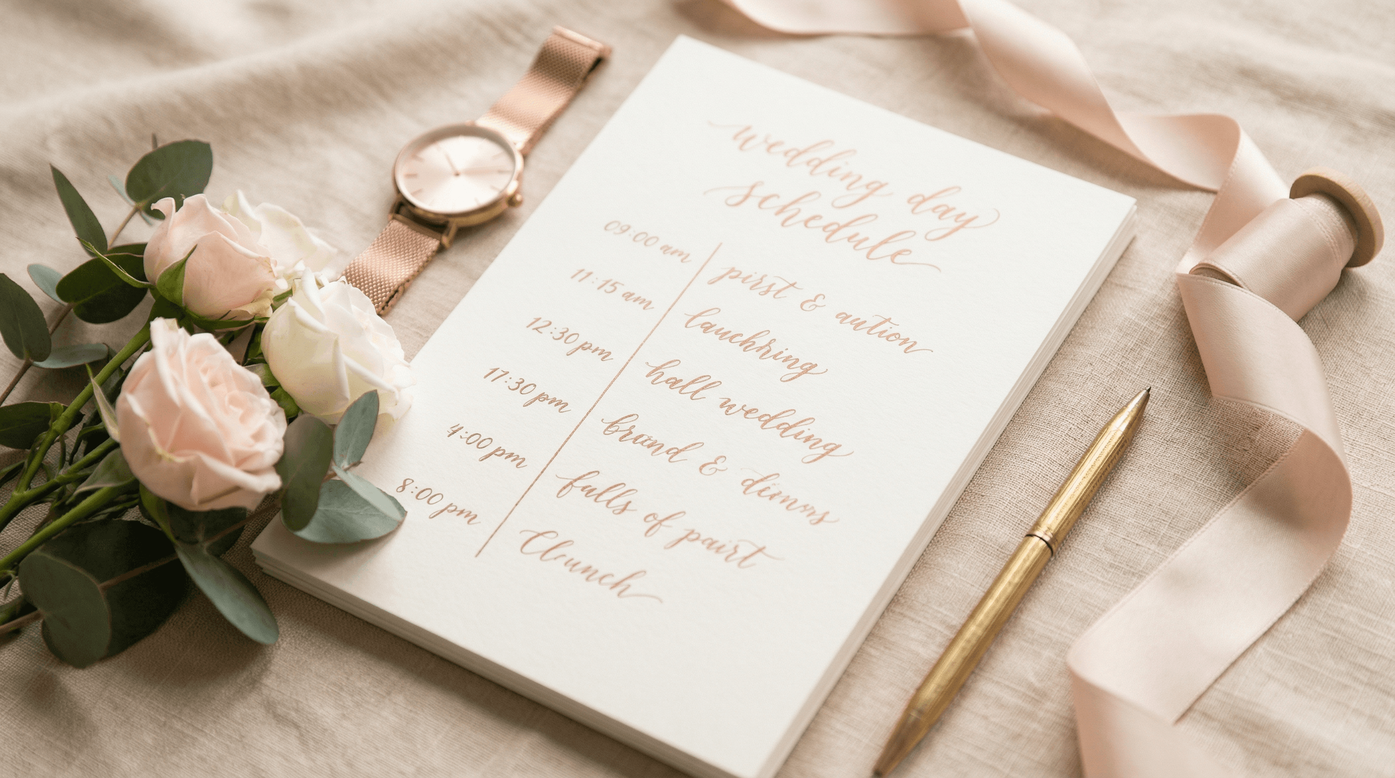 Handgeschriebener Hochzeits-Zeitplan mit Roségold-Uhr, Rosen und Satinband auf warmem Leinenstoff