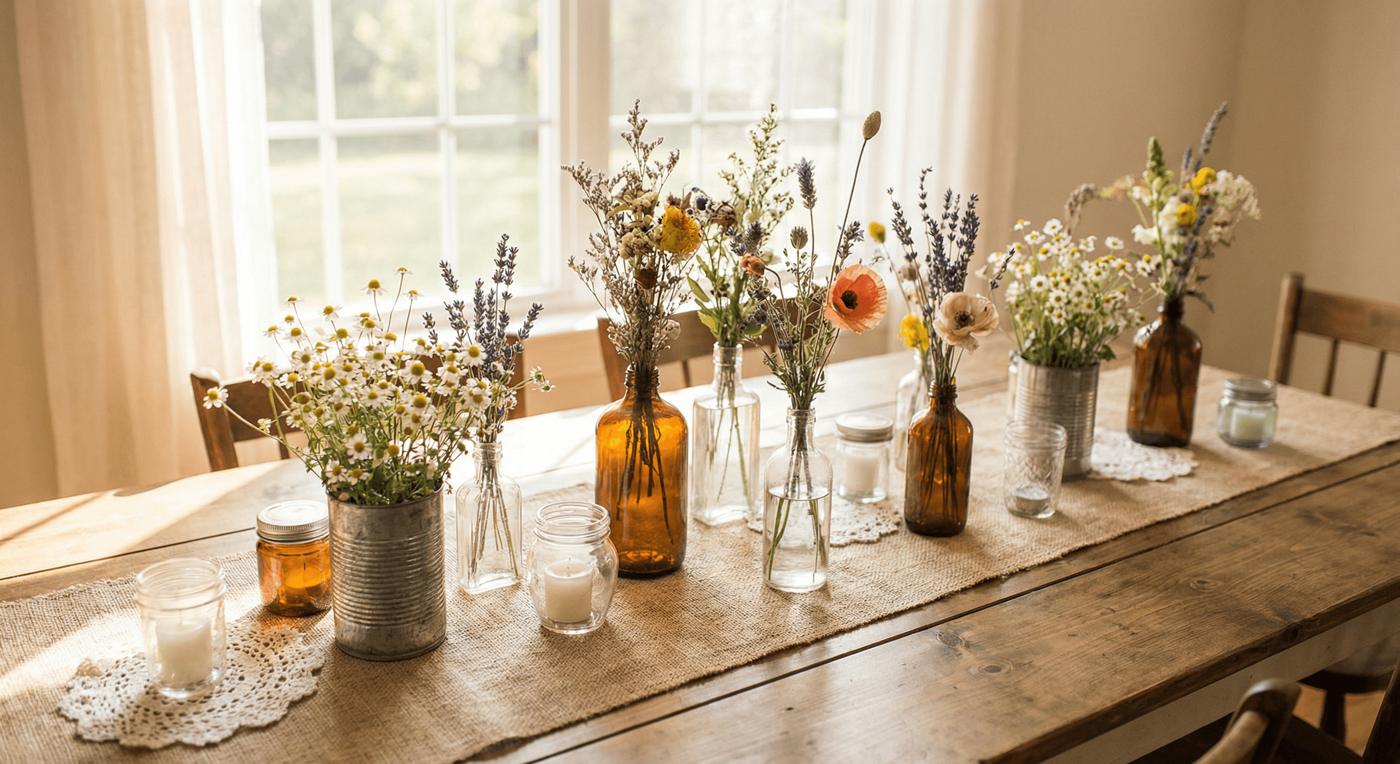 Rustikale Boho-Tischdeko mit Wildblumen in Glasflaschen und Jutentischläufer