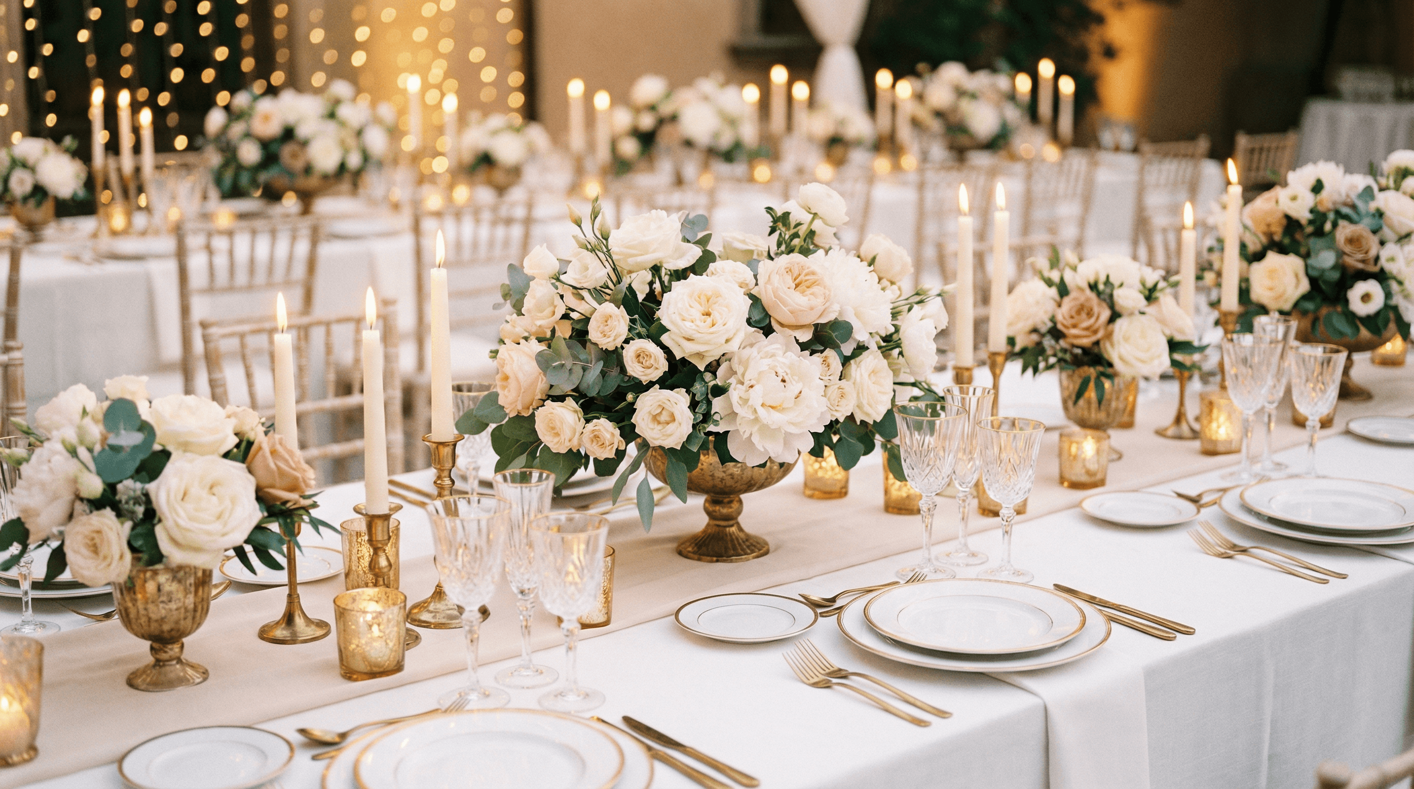 Festlich gedeckter Hochzeitstisch mit Blumenarrangement, Kerzen und elegantem Geschirr