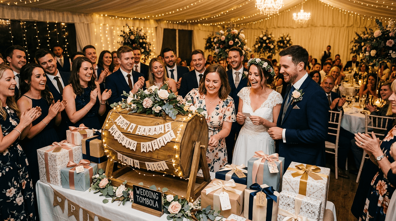 Hochzeitstombola mit dekorierten Losen, Preisen und festlichem Tisch auf der Hochzeitsfeier