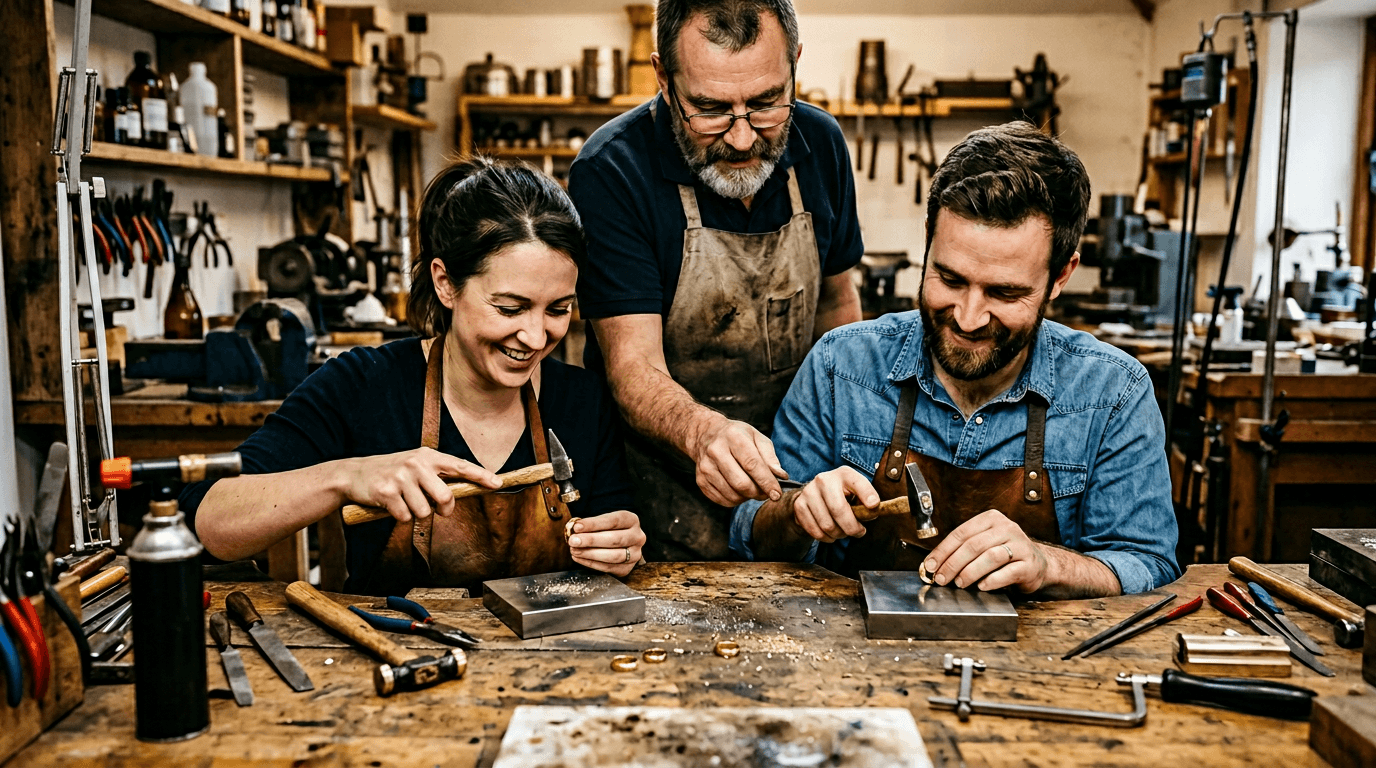 Paar schmiedet ihre Trauringe selbst in einer Goldschmiede unter Anleitung eines Goldschmieds