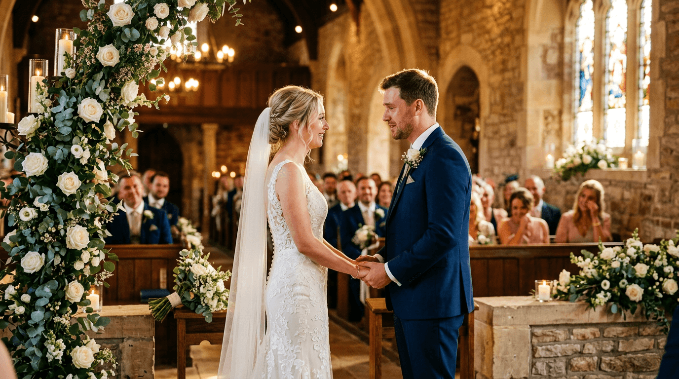Brautpaar hält sich bei der Trauung an den Händen, Kirchenaltar mit weißen Blumen im Hintergrund