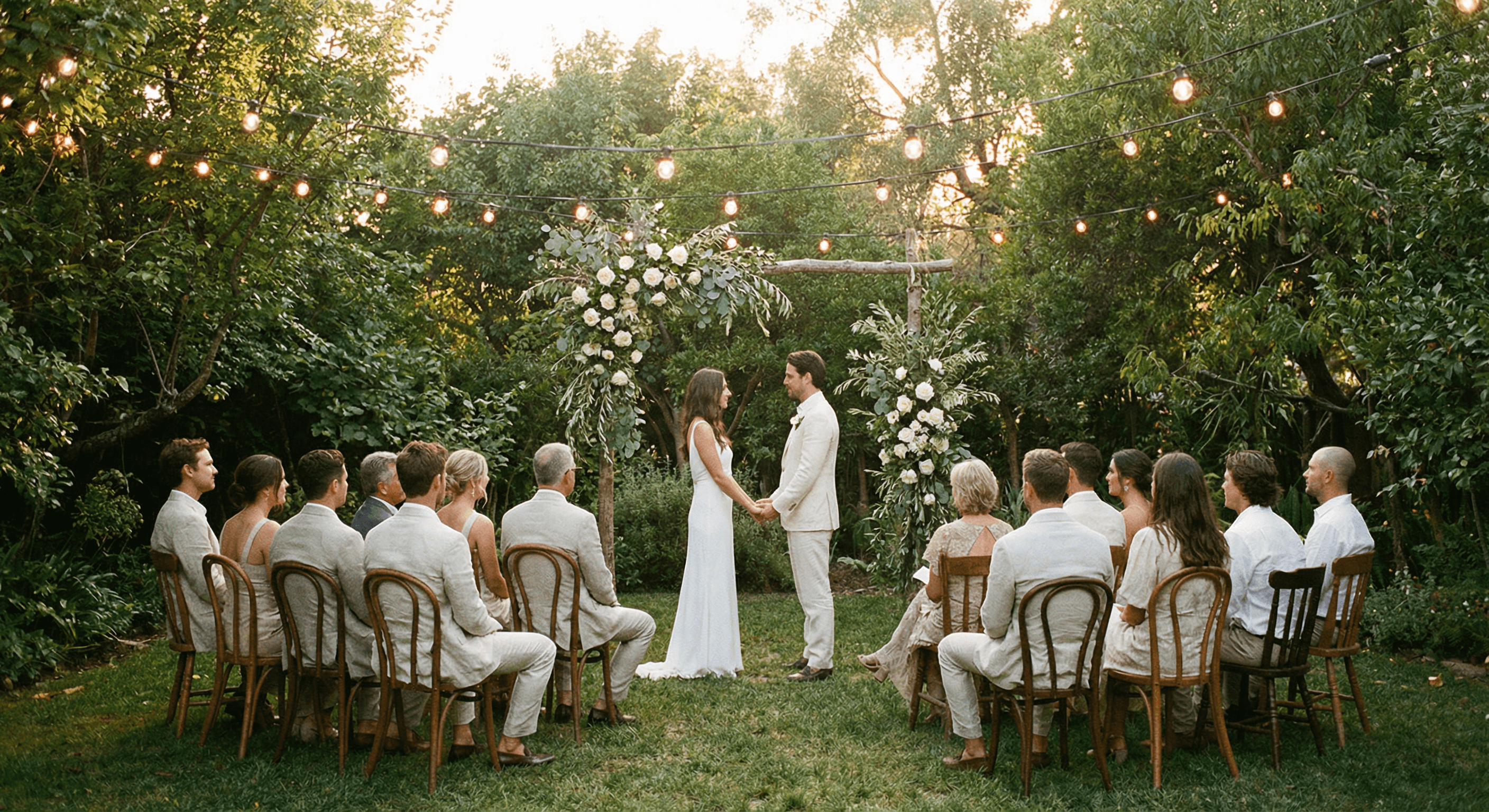 Micro Wedding im Garten mit Lichterketten – kleiner Kreis, große Emotionen