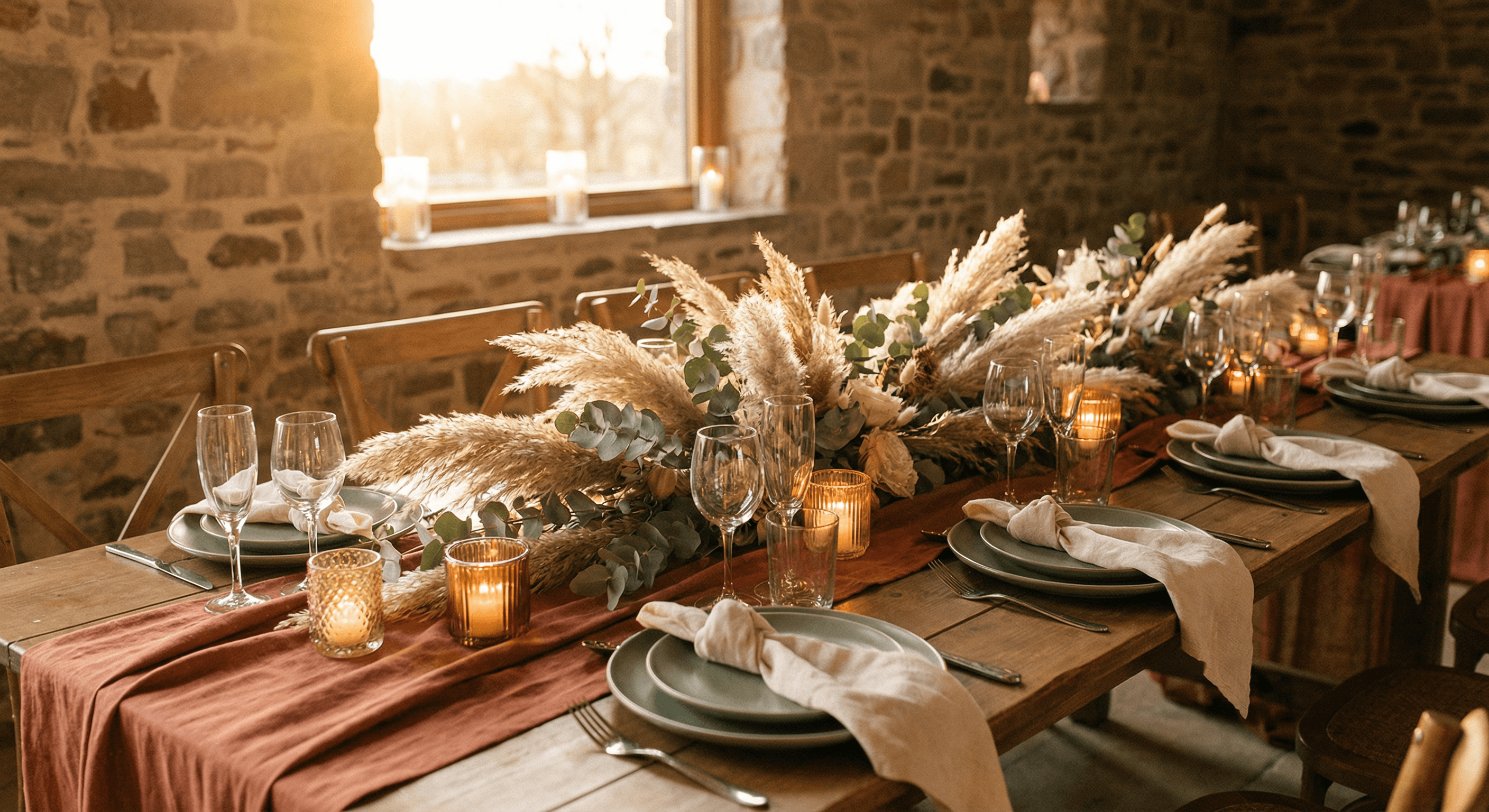 Hochzeitstafel 2026 im Trend-Look: Terrakotta, Pampas-Gras und warmes Kerzenlicht